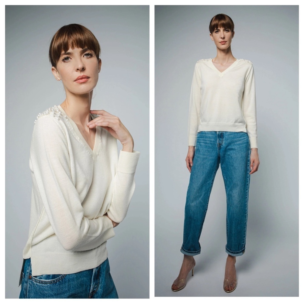 SANTICLER JULIA V-NECK PULLOVER WITH PEARL BEADING IN CREAM Sz 1